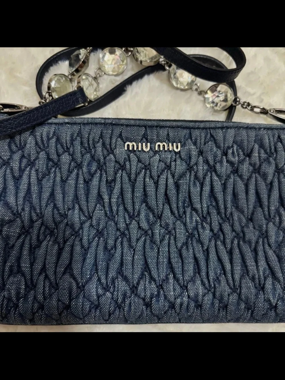 Miu Miu Navy Quilted Denim Crossbody with Crystal Accent